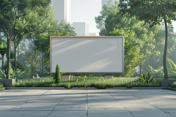 Minimalist park setting with a blank billboard, 3D rendered, for eco-friendly promotions, accented with a light border.