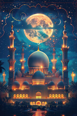 Ramadan Kareem vertical background. Eid Mubarak, greeting background with mosque and lantern in the night