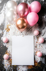 Wall Mural - A cheerful happy birthday background adorned with balloons in pink, white, and gold hues sets the perfect tone for celebration. Ideal for banners, greeting cards, and backgrounds.