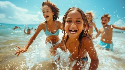 Happy, diverse group of kids, boys and girls, playing in the shallow waters of a tropical beach, laughing and enjoying their summer holiday together