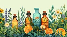 Illustration Of Bottles With Essential Oil, Herbs, Oranges And Flowers