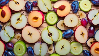 Wall Mural - close up of a lot of fruit. A mix of sliced apples, pears, and plums displayed on a wooden surface with a minimalist 