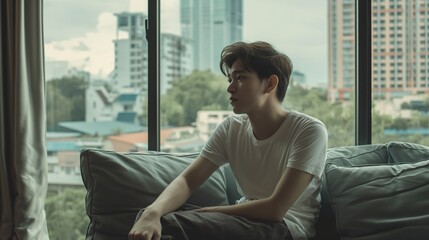 Young man depression stressful sad emotionless jobless sits on sofa in living room Asian male in white shirt