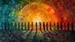 © Wiseman - A painting of a group of people holding hands around a rising sun, representing collective effort for a bright future. photo