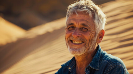 Wall Mural - Portrait of a mature man on adventure holidays in desert , the male smiling face show how much he is enjoying this travel