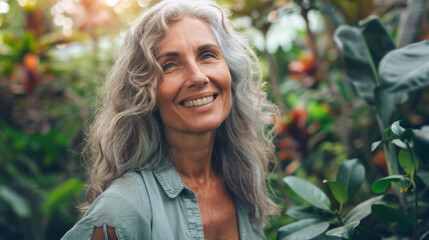 Wall Mural - Portrait of a mature woman in a botanical garden , the female smiling face show how much she is enjoying this green nature surrounding her
