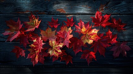 Wall Mural - different color autumn leaves on wooden background beautiful leaf background 