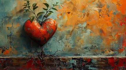 Wall Mural - A conceptual painting of a heart with fresh growth, symbolizing emotional healing. image