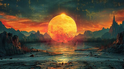 Wall Mural - An illustration of a sun rising over a devastated landscape, symbolizing hope and renewal. stock image