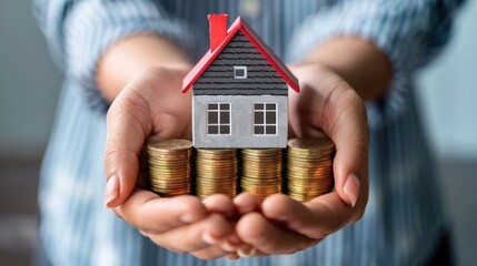 Wall Mural - Capture a business person's hands holding a small house model next to a stack of coins, symbolizing the financial aspect of home insurance.
