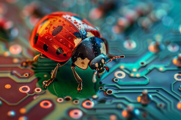 Wall Mural - ladybug on circuit board, motherboard have bug. security cyber concept. ai generative