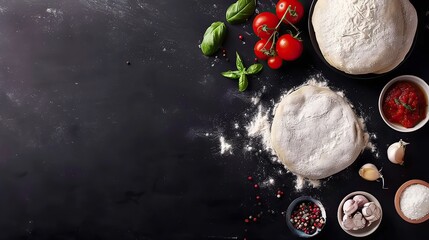 Wall Mural - Ingredients for making fried chicken on a black background with space for text.