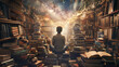 © Vitaliy - A young man sitting among books against the backdrop of space. Reading, book lover, library, world of dreams and fantasy.