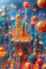 Wall Mural - Cartoonish Business Ecosystem Tiny Skyscrapers in Abstract Universe