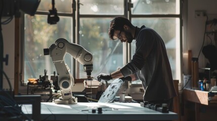 Wall Mural - Man working with robotic arm in industrial workshop.