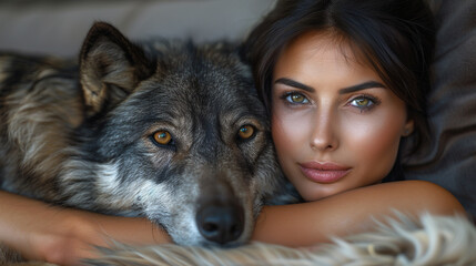 Wall Mural - portrait of a woman with a dog