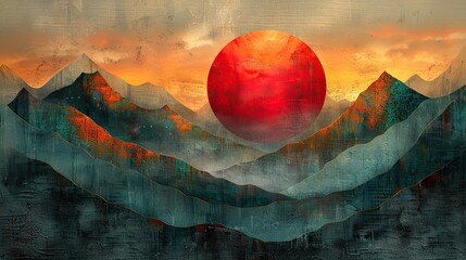 Wall Mural - A conceptual painting of a sunrise over a growing line graph, symbolizing new beginnings. image