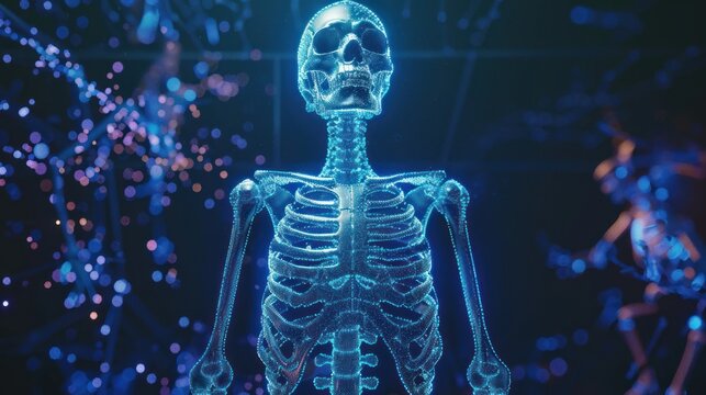 Human skeleton standing full body looking at camera. Hologram 3. Medical concept concept.