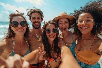 Wall Mural - A group of young people taking selfies outdoors