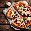 © shaadjutt36 - Delicious pizza topped with cheese, tomato on wooden table. Pizza surrounded by natural fresh ingredients mozzarella, basil, garlic and tomato.