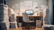 © CreativeMania - Unorganized messy desk with pile of papers in office. Paperwork and working with stack of documents. Bureaucracy concept