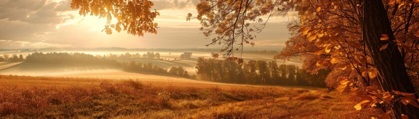 Wall Mural - Golden Autumn Sunrise Over Misty Fields