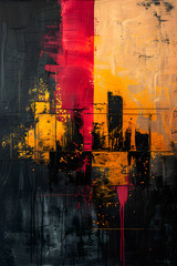 Wall Mural - Abstract painting with black, yellow, and red tones on a dark canvas