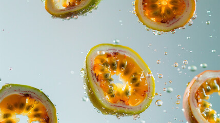 Canvas Print - A close up of a sliced orange with water droplets surrounding it