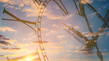 Wall Mural - Clock face memory time in sun bright sky. Time passing sunset or sunrise sky overlay