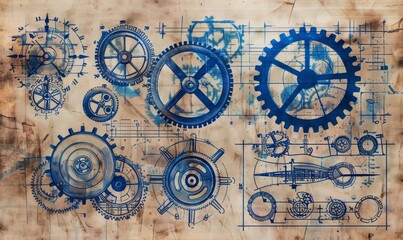  Vintage Blueprint-Style Illustration of Various Cogs and Gears