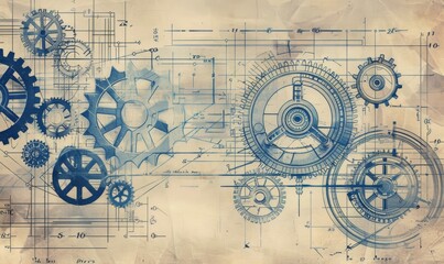  Vintage Blueprint-Style Illustration of Various Cogs and Gears