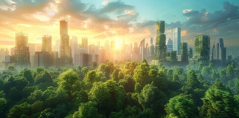 Wall Mural - 3D rendering, futuristic city skyline with skyscrapers and buildings made of trees, green forest landscape, blue sky, golden hour lighting, fantasy style.