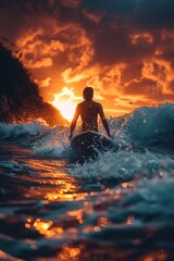 Wall Mural - Silhouette of a man in the water between waves on a beach with his surfboard and the sun low right in front of himwarm, orange