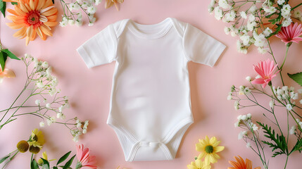 Wall Mural - White cotton baby short sleeve bodysuit with flower with pink background