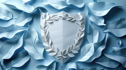 A white laurel wreath encircles a shield, set against a textured backdrop of layered blue leaves, creating a sense of elegance and serenity.