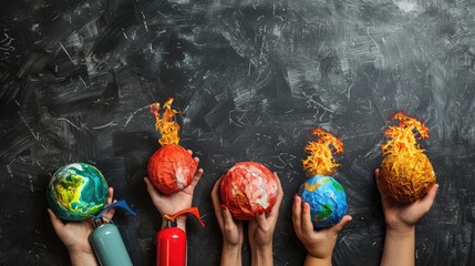 Hands of four people holding burning globes, each with flames made of crumpled paper with two fire extinguishers near hands, highlighting the urgency of addressing climate change.