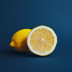 Poster - Vibrant yellow lemon sliced against a deep blue background