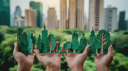 Wall Mural - Four hands holding a green paper cutout of a cityscape with buildings and trees, set against a blurred background of greenery and city buildings, representing urban sustainability.