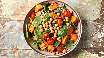 Wall Mural - healhty vegan lunch bowl. quinoa, sweet potato, tomato, spinach and chickpeas vegetables salad.