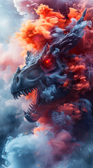 Canvas Print - Colossal Cyborg Dinosaur Warrior Shrouded in Vibrant Color Smoke: A Hyper-Detailed Digital Painting Showcasing Prehistoric Might and Futuristic