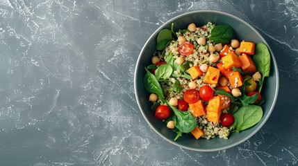 Wall Mural - Healthy vegetarian lunch bowl, quinoa, sweet potato, tomato, spinach and chickpea salad. There is space for text