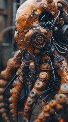 Canvas Print - Cybernetic Octopus Warrior with Intricate Machinery and Coiled Tentacles Poised to Strike