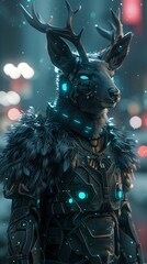 Poster - Cybernetically Enhanced Deer Warrior in Futuristic Urban Landscape with Ethereal Neon-Tinged Fog