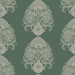Wall Mural - Seamless beige Damask pattern on a green background. Floral abstract repeat monochrome background.