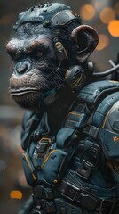 Poster - Cybernetically Enhanced Simian Warrior Combatant Stands Amidst Mystical Smoke in 3D Visualization