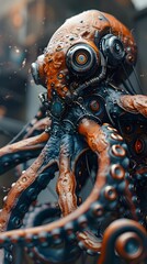 Wall Mural - Cyborg Octopus Warrior with Intricate Cybernetic Machinery and Coiled Tentacles in Moody Sci-Fi Industrial Setting