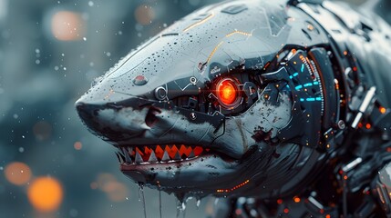 Poster - Cyborg Shark Warrior with Glowing Red Eyes and Razor-Sharp Cybernetic Teeth in Cinematic Smoke-Filled Background