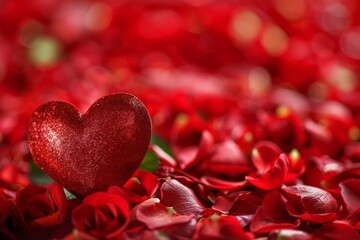 Poster - Romantic red rose petals and glittering heart