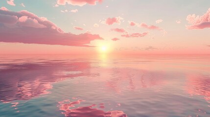 Wall Mural - A serene photo of a pink sunset over a calm ocean, reflecting the soft hues of the sky onto the water's surface.