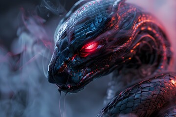 Wall Mural - Cyborg Snake Warrior with Gleaming Metallic Scales,Bionic Limbs,and Glowing Red Eyes Surrounded by Colorful Smoke Effect in a Cinematic Photographic